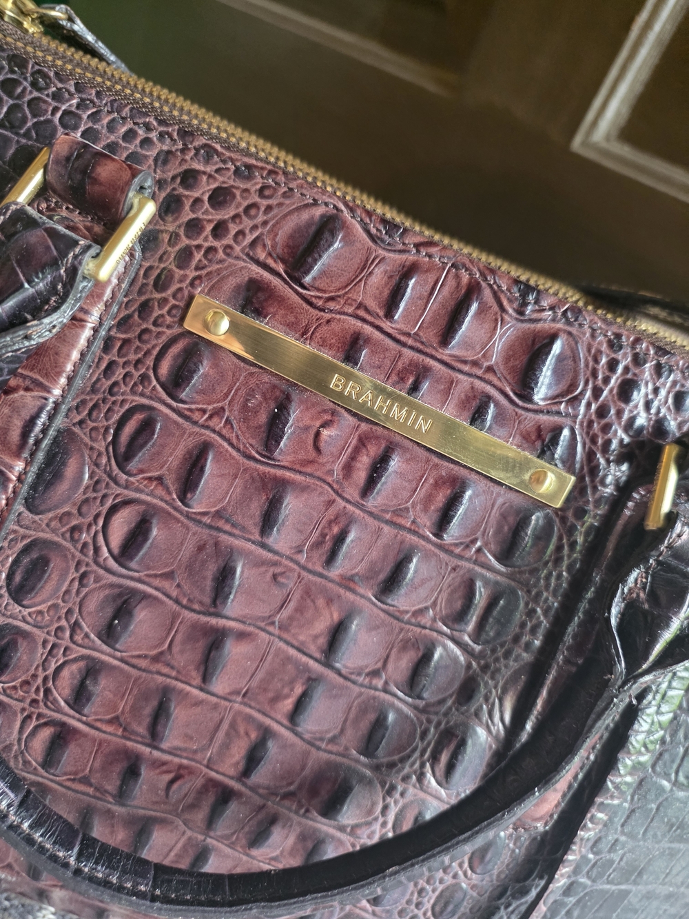 Brahmin Women's Croc-Embossed Leather Purse / Tote - Burgundy & Black